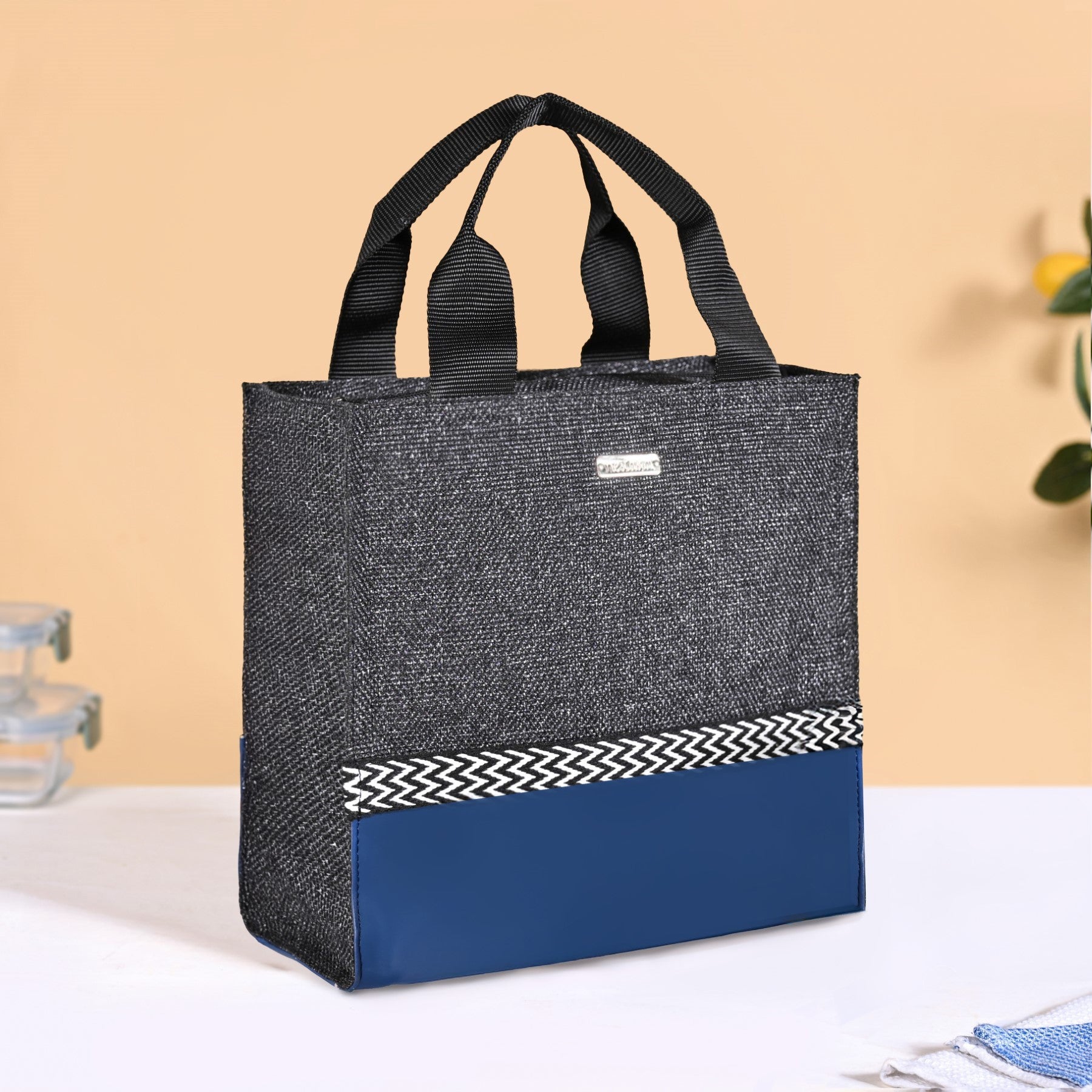 Black Blue Jute Lunch Bag