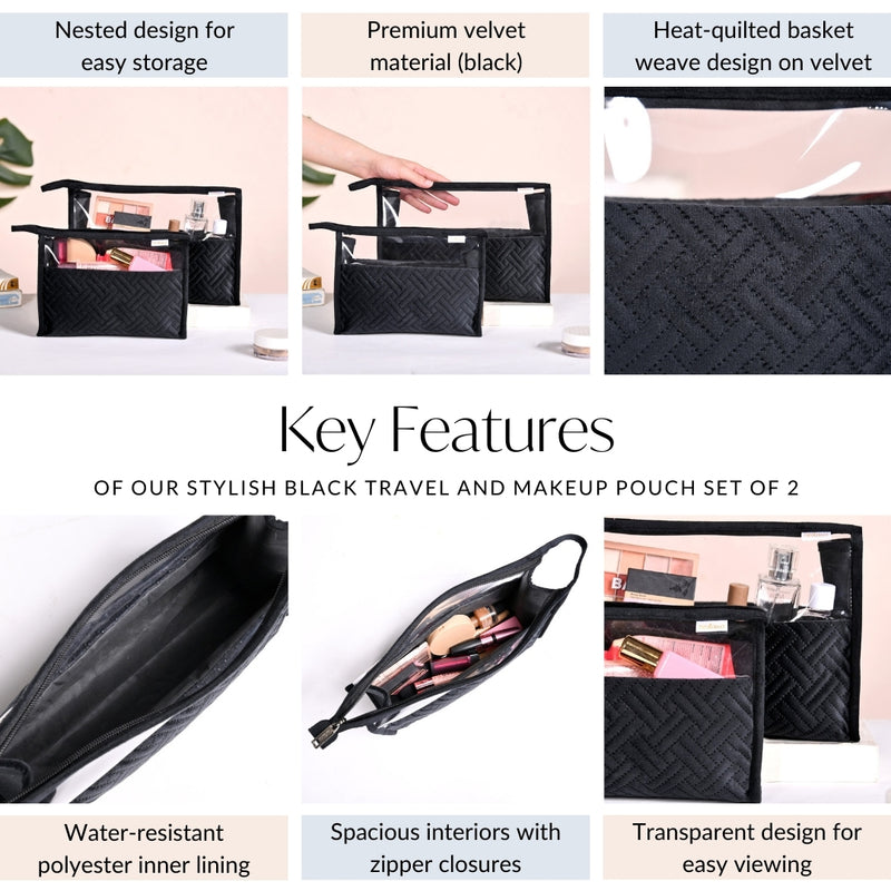 Stylish Black Travel And Makeup Pouch Set Of 2