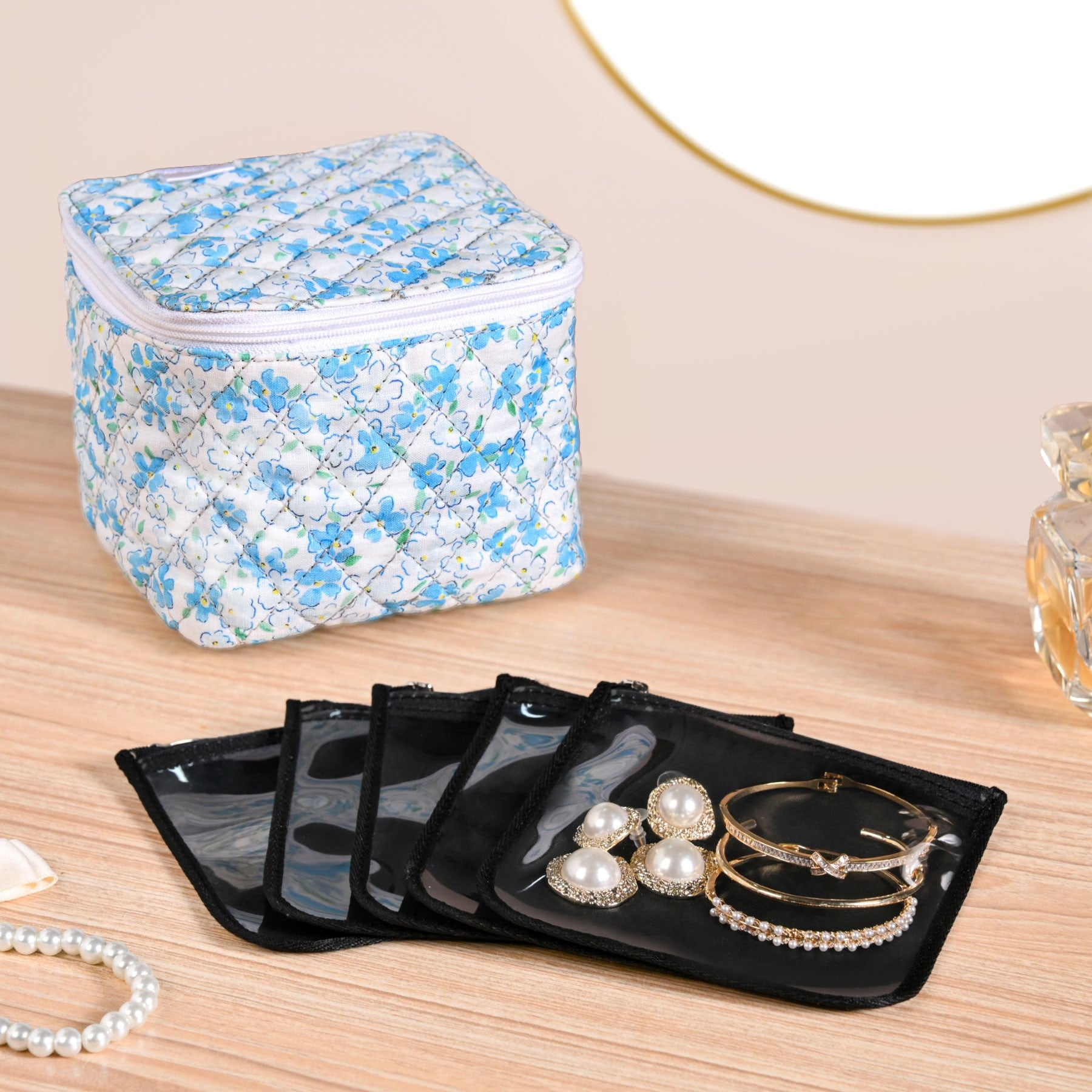 Floral Quilted Jewellery Storage Bag With Pouch Set Of 6 Blue