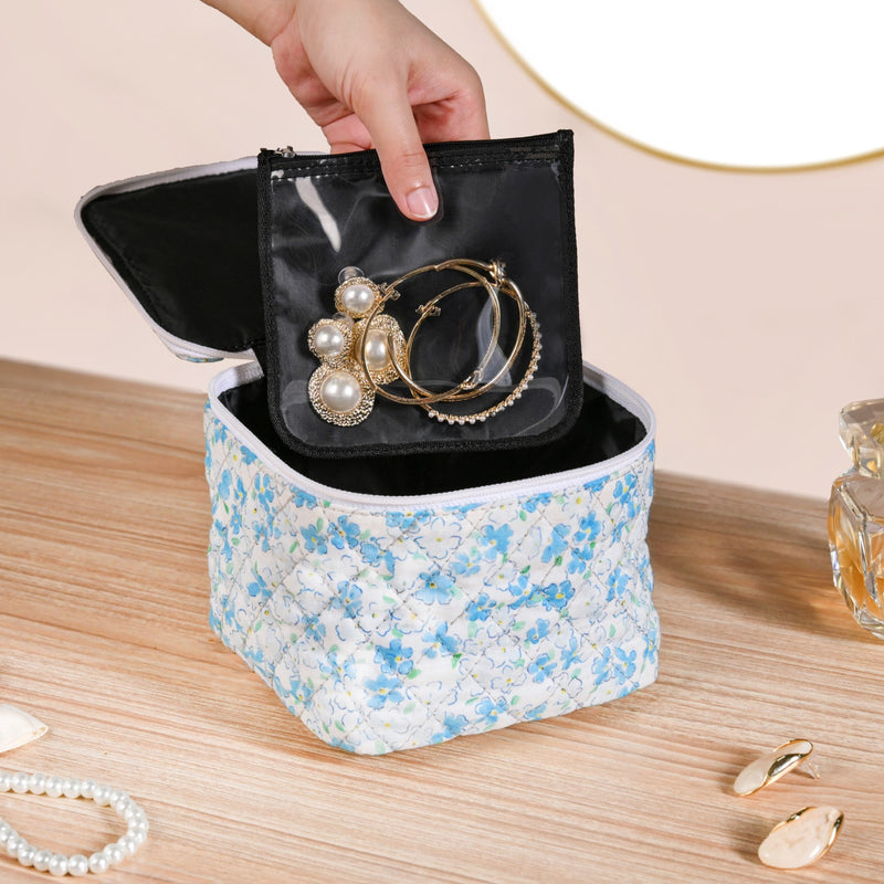 Floral Quilted Jewellery Storage Bag With Pouch Set Of 6 Blue