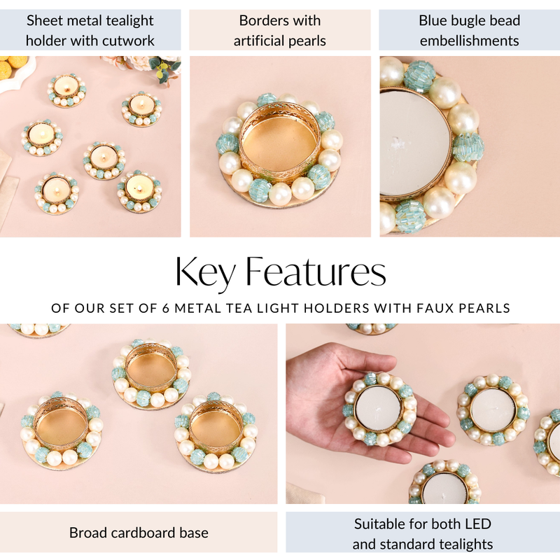 Set Of 6 Metal Tea Light Holders With Faux Pearls