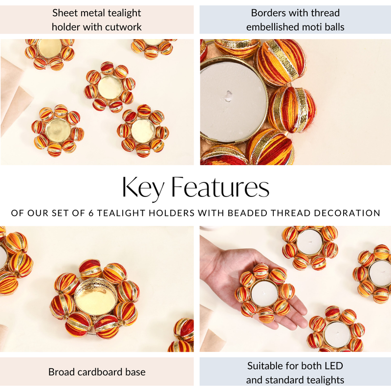 Set Of 6 Tealight Holders With Beaded Thread Decoration