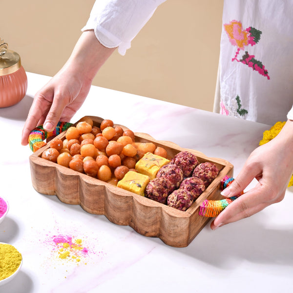 Acacia Wood Serving Tray With Colourful Handles And Gold Zari Work