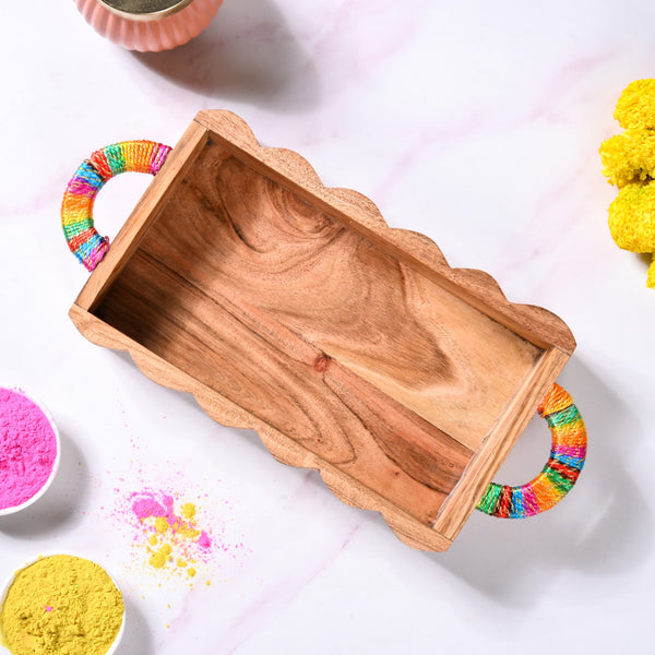 Acacia Wood Serving Tray With Colourful Handles And Gold Zari Work