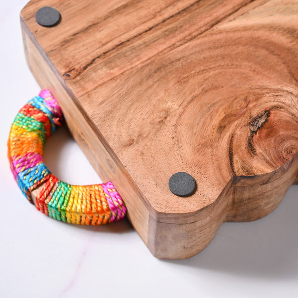 Acacia Wood Serving Tray With Colourful Handles And Gold Zari Work