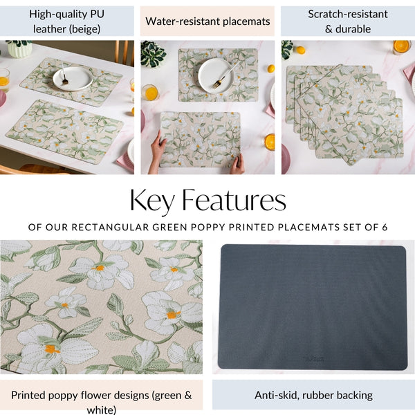 Rectangular Green Poppy Printed Placemats Set Of 6