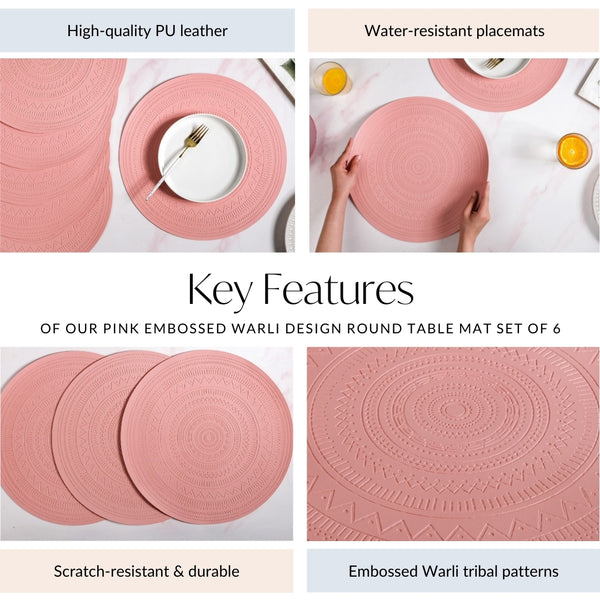 Pink Embossed Warli Design Round Table Mat Set Of 6