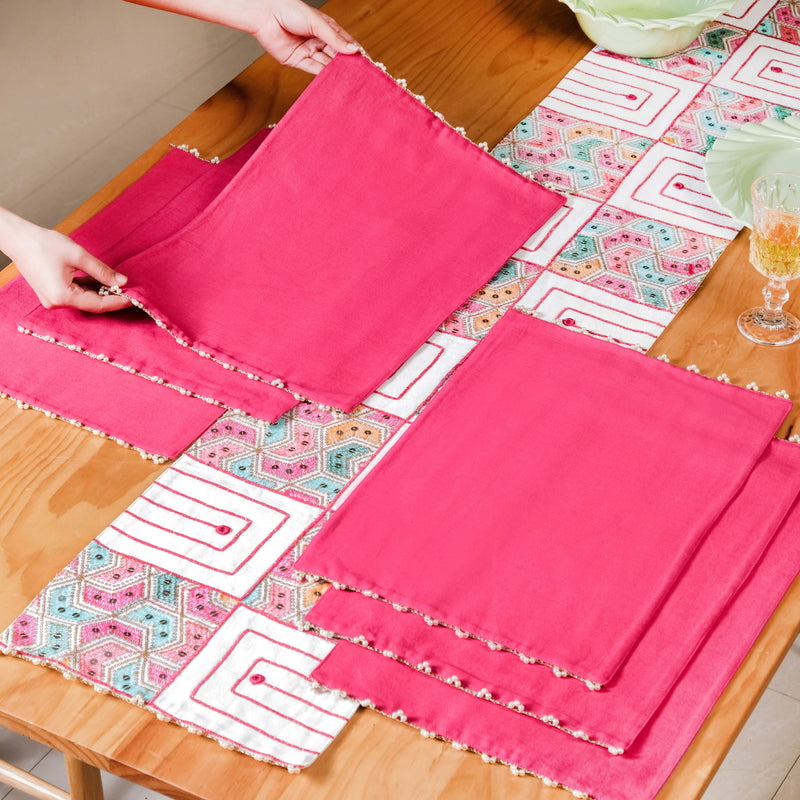 Set Of 7 Zari Embroidered Table Runner And Table Mats