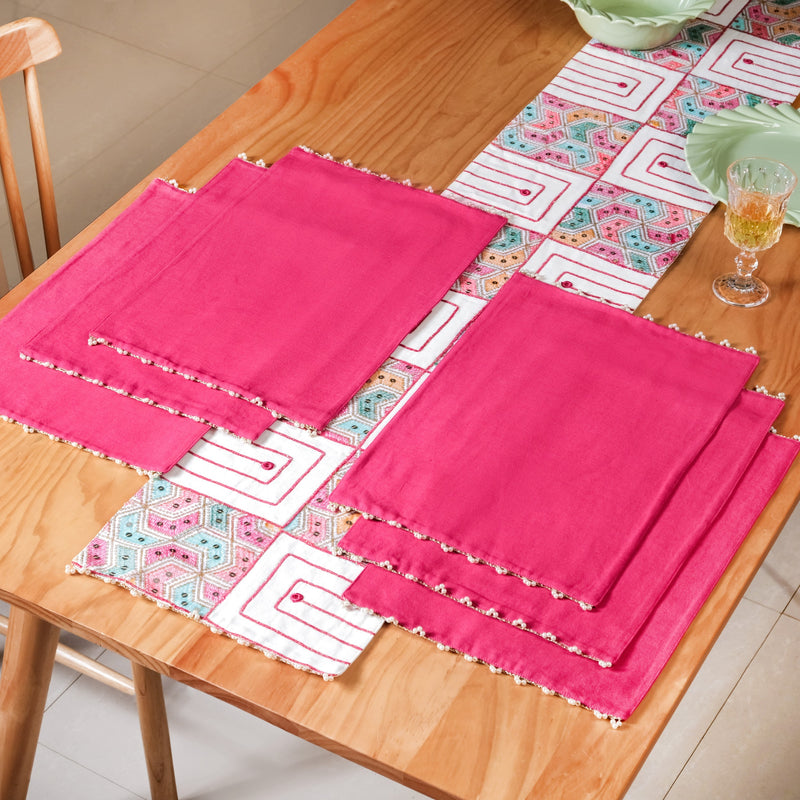 Set Of 7 Zari Embroidered Table Runner And Table Mats
