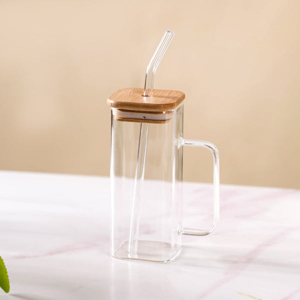 Tall Square Glass Sipper Set Of 4 With Glass Straw 400ml