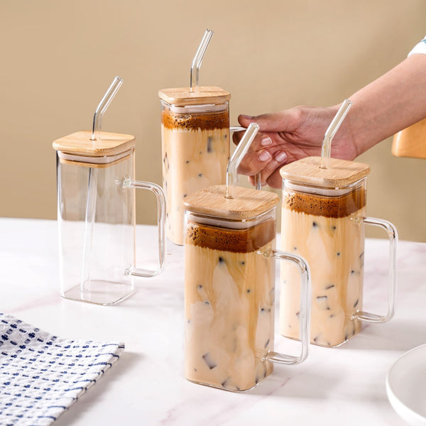 Tall Square Glass Sipper Set Of 4 With Glass Straw 400ml