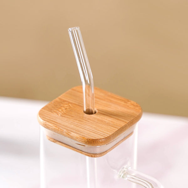 Tall Square Glass Sipper Set Of 4 With Glass Straw 400ml