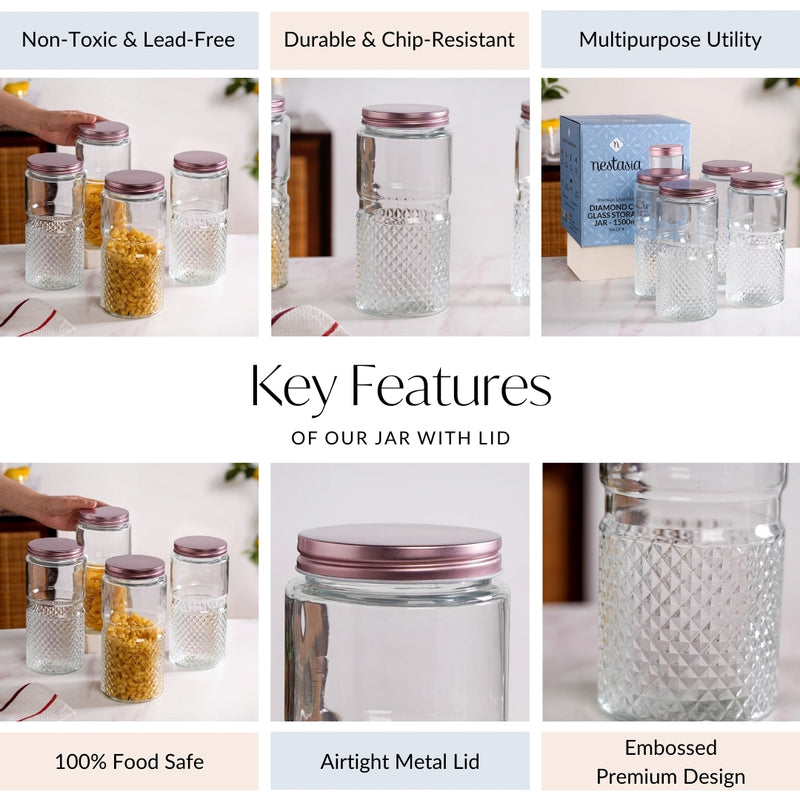 Tall Glass Jar With Rose Gold Lid Set Of 4 1500ml