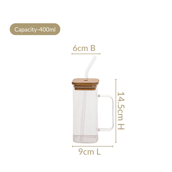 Tall Square Glass Sipper Set Of 4 With Glass Straw 400ml