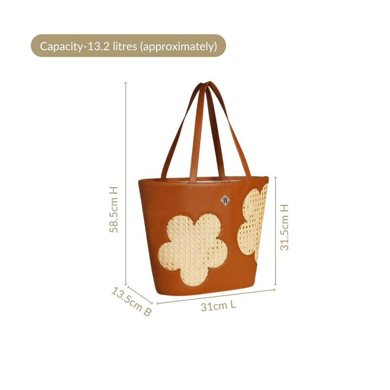 Tan Rattan Tote Bag With Back Pocket