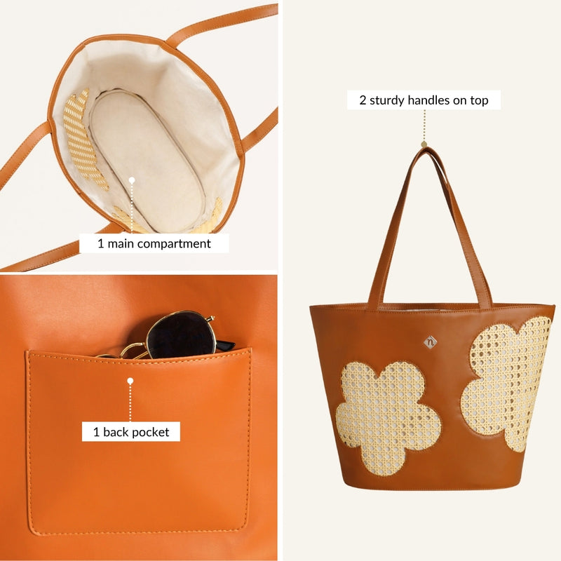 Tan Rattan Tote Bag With Back Pocket