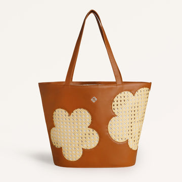 Tan Rattan Tote Bag With Back Pocket