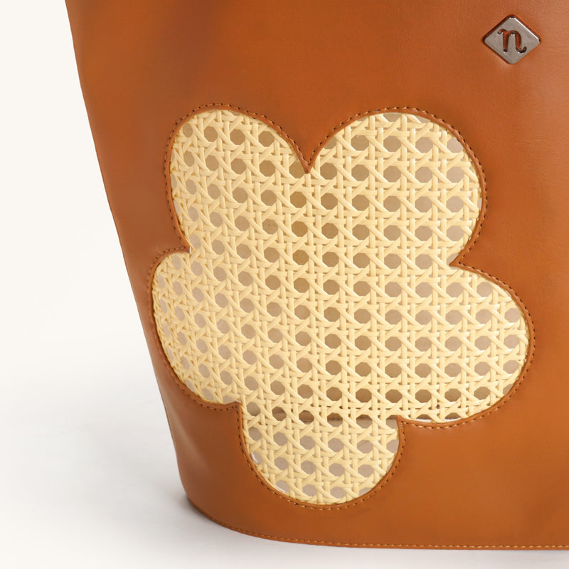 Tan Rattan Tote Bag With Back Pocket