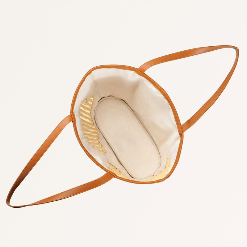 Tan Rattan Tote Bag With Back Pocket