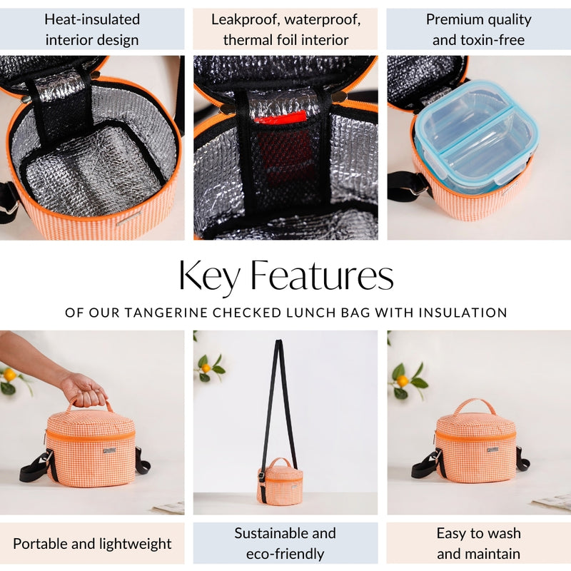 Tangerine Checked Lunch Bag With Insulation