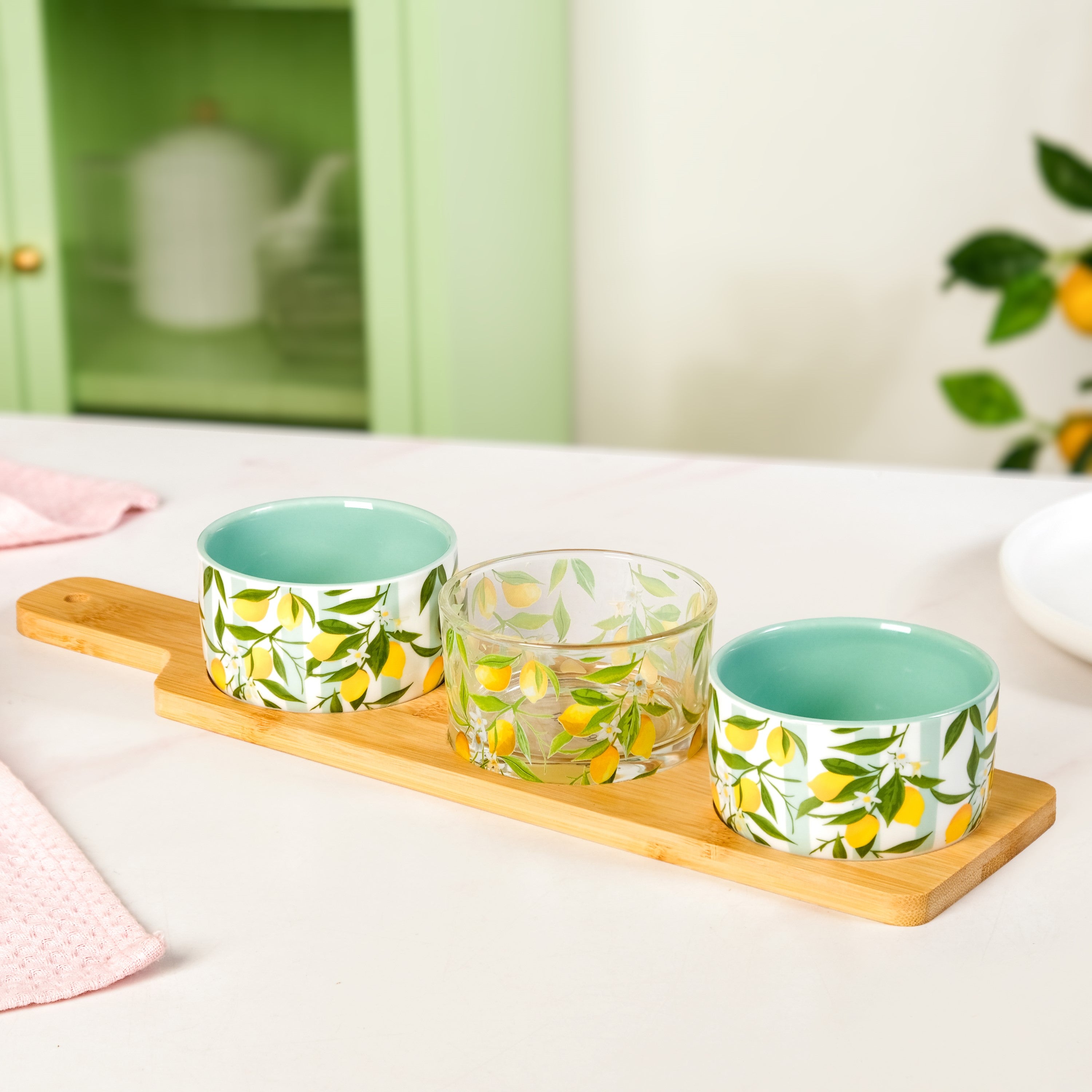 Amalfi Lemon Bowls With Bamboo Tray Set Of 4