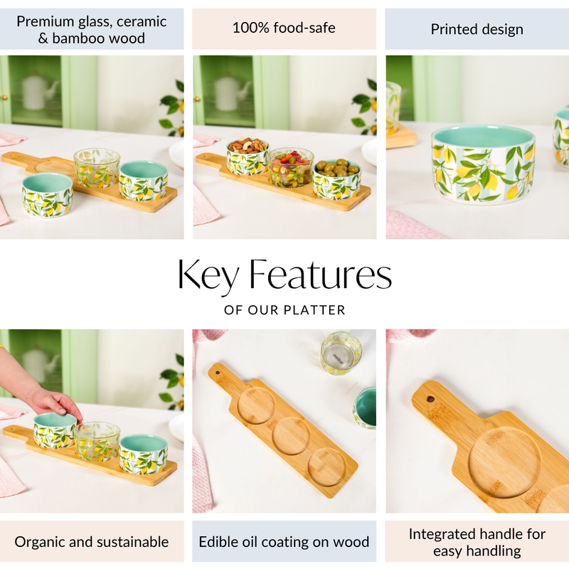 Tangy Tales Printed Bowls With Bamboo Tray Set Of 4