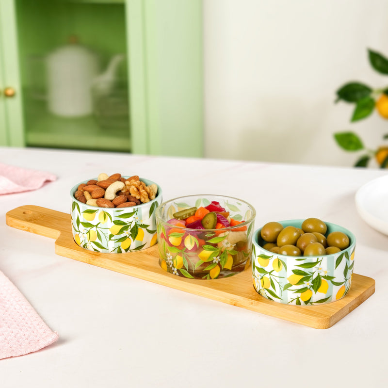 Tangy Tales Printed Bowls With Bamboo Tray Set Of 4