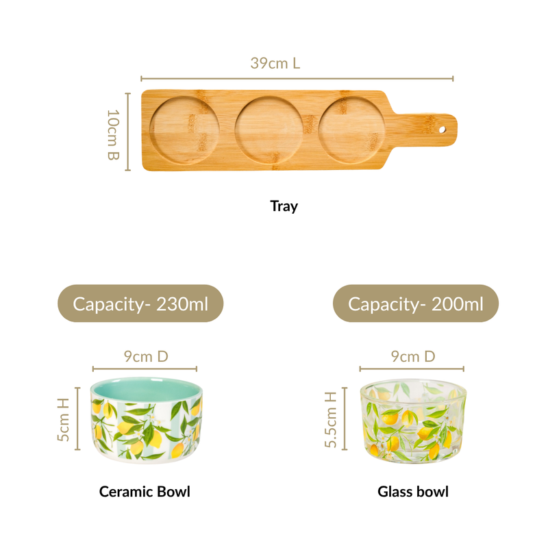 Tangy Tales Printed Bowls With Bamboo Tray Set Of 4