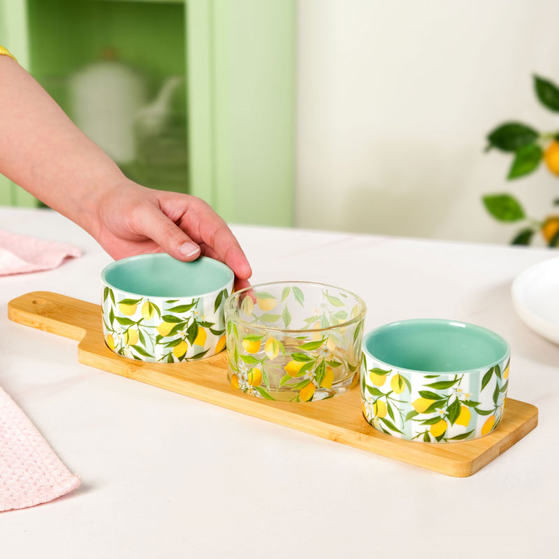 Tangy Tales Printed Bowls With Bamboo Tray Set Of 4