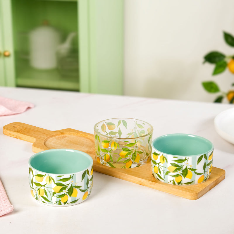 Tangy Tales Printed Bowls With Bamboo Tray Set Of 4