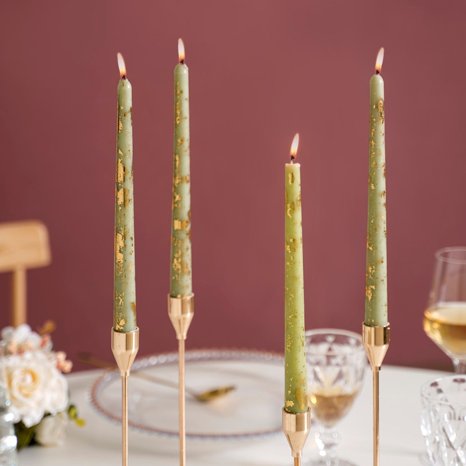 Taper Candles Sage Green With Gold Leaf Design Set Of 8
