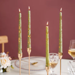 Serene Green Taper Candles With Gold Leaf Design Set Of 8