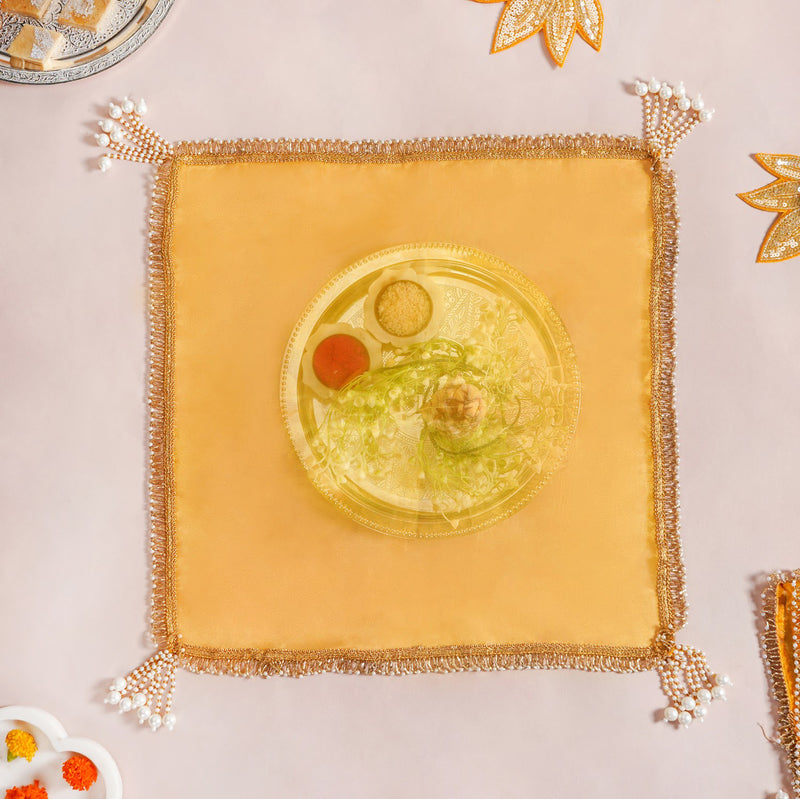 Tasselled Organza Thali Cover Yellow Set Of 2