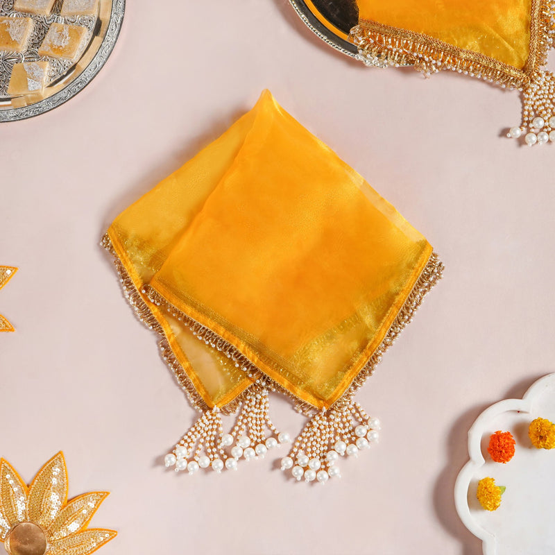 Tasselled Organza Thali Cover Yellow Set Of 2