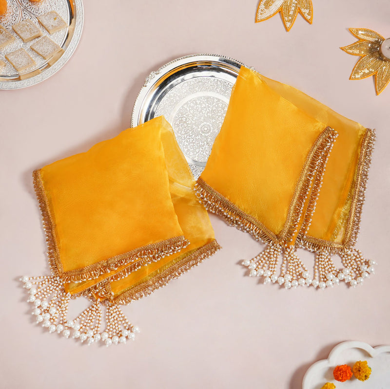Tasselled Organza Thali Cover Yellow Set Of 2