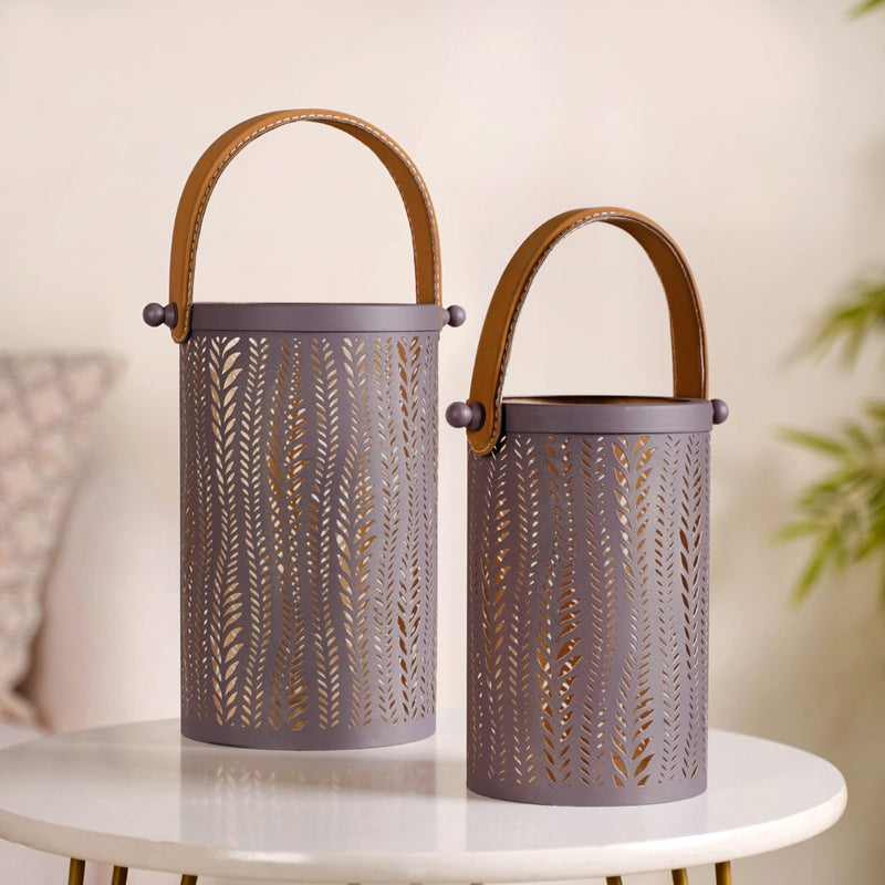 Taupe Metal Leafy Cutwork Lantern Set Of 2