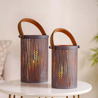 Taupe Metal Leafy Cutwork Lantern Set Of 2