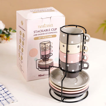 Ceramic Polka Dot Stackable Tea Cup And Saucer Set Of 4 100ml
