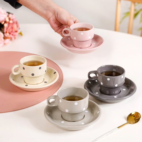 Ceramic Polka Dot Stackable Tea Cup And Saucer Set Of 4 100ml