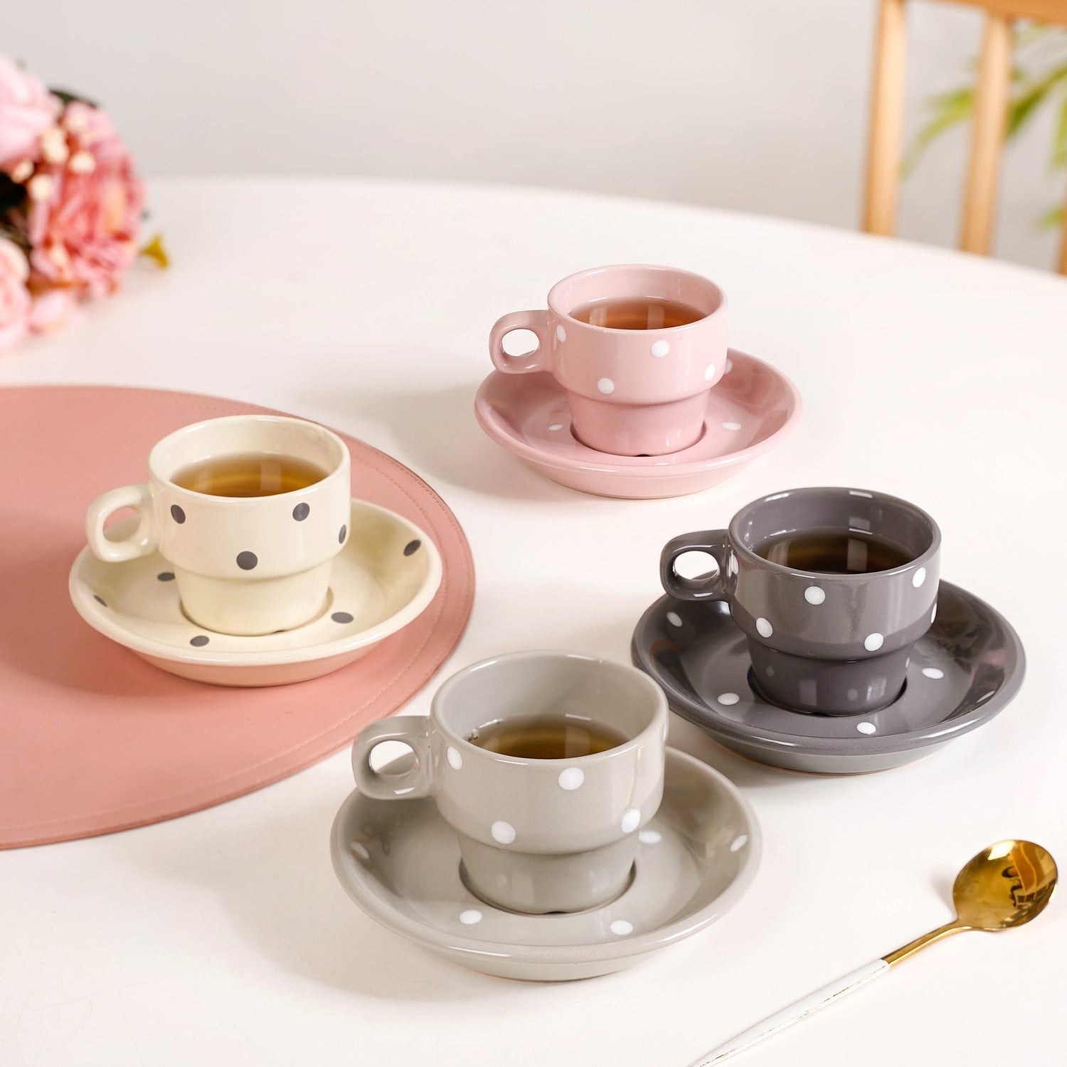 Ceramic Polka Dot Stackable Tea Cup And Saucer Set Of 90ml