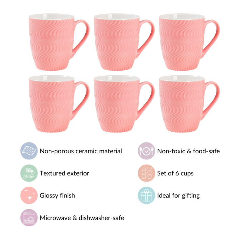 Pink Waves Texture Mug Set Of 6 230ml - Tea cups, tea cup set, ceramic tea cups, printed tea cups, coffee mugs, coffee cups, pink mugs