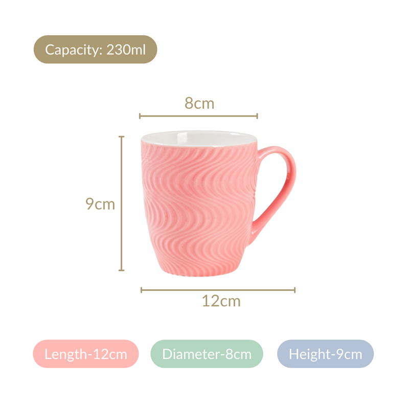 Pink Waves Texture Mug Set Of 6 230ml - Tea cups, tea cup set, ceramic tea cups, printed tea cups, coffee mugs, coffee cups, pink mugs