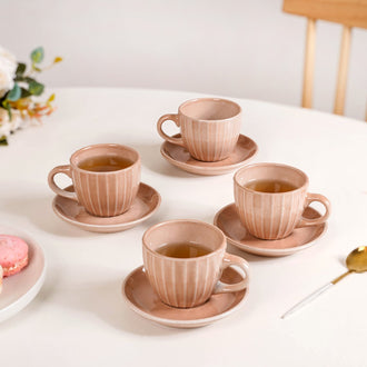 Costola Ceramic Tea Cup And Saucer Set Of 4 Pink 125ml