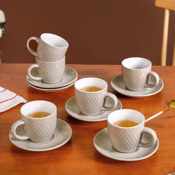 Set Of 6 Ceramic Tara Tea Cup And Saucer Grey 225ml