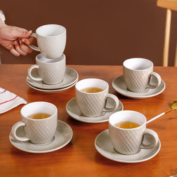 Set Of 6 Ceramic Tara Tea Cup And Saucer Grey 225ml