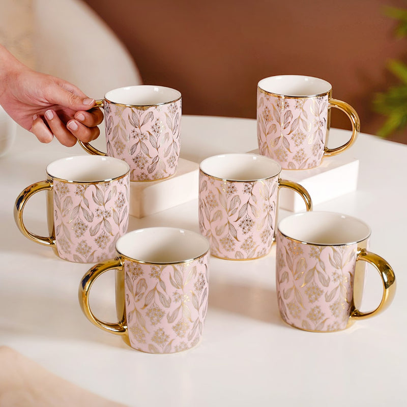 Luxe Ceramic Floral Teacup Set of 6 Pink Gold 350ml- Tea cups, tea cup set, ceramic tea cups, tea cup set of 6