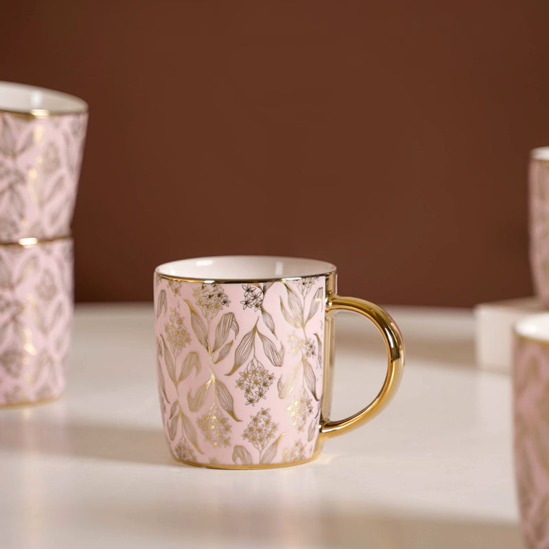 Luxe Ceramic Floral Teacup Set of 6 Pink Gold 350ml- Tea cups, tea cup set, ceramic tea cups, tea cup set of 6