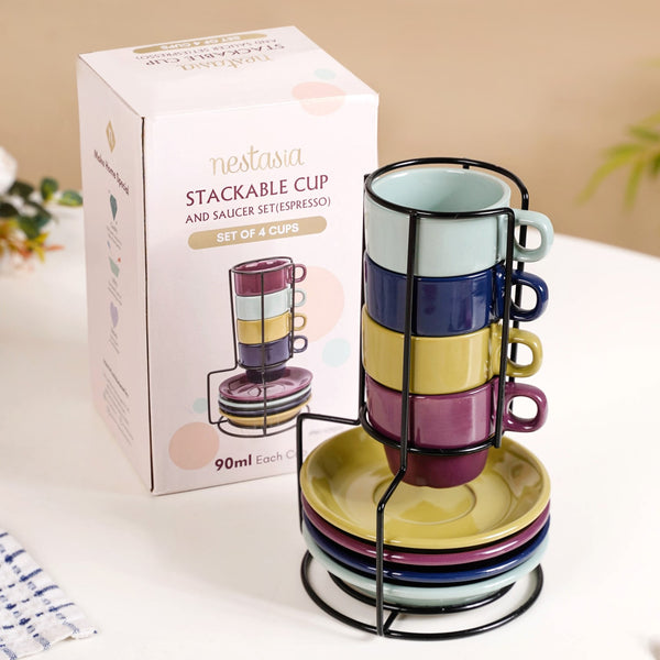 Mini Stackable Tea Cup And Saucer Set Of 4 Multicolour 100ml