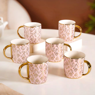 Luxe Ceramic Floral Teacup Set of 6 Pink Gold 350ml- Tea cups, tea cup set, ceramic tea cups, tea cup set of 6