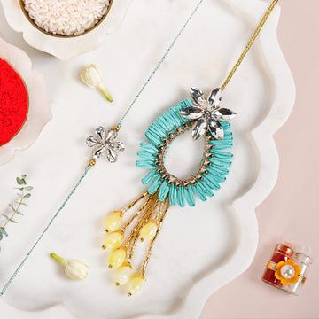 Turquoise Blossom Rakhi Lumba Gift Set